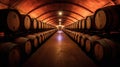 Wine barrels in wine vaults. Generative Ai