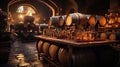 Wine barrels in wine vaults, Wine or whiskey barrels, French wooden barrels
