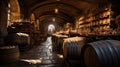 Wine barrels in wine vaults, Wine or whiskey barrels, French wooden barrels