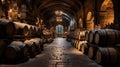 Wine barrels in wine vaults, Wine or whiskey barrels, French wooden barrels