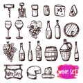 Wine black doodle icons set