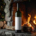 Wine Bottle with Blank Label by Fireplace with Logs and Christmas Stocking Royalty Free Stock Photo