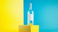 Minimalist wine bottle on yellow cube against split-color background with copy space, created using generative AI tools