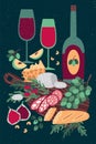 Wine bottle. Cheese, bread and grape. Festival banner, glass and sausage delicacy poster, ham and vegetables, french
