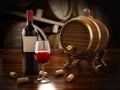 Wine bottle, corks, glasses and barrel. 3D illustration Royalty Free Stock Photo