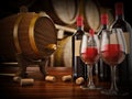 Wine bottle, corks, glasses and barrel. 3D illustration Royalty Free Stock Photo