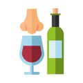Wine bottle drink with cup and nose smelling