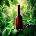 wine bottle filled with red wine standing in a natural setting Royalty Free Stock Photo