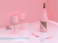 wine bottle and glass abstract set oink scene 3d render drink concept