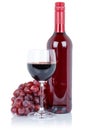 Wine bottle glass alcohol beverage red grapes isolated on white