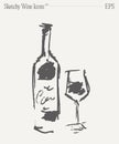 Wine bottle and glass, alcohol, minimalistic sketch. Hand drawn vector illustration, isolated.