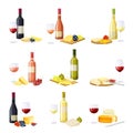 Wine Bottle and Glass with Alcoholic Drink Served with Cheese and Grapes Vector Set Royalty Free Stock Photo