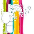 Wine bottle, glass, branch of grape with leaves and rainbow stri