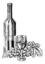 Wine Glass Bottle Grapes Vine Bunch Woodcut Style