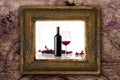 Wine bottle with glass and bunch of red grapes on old classic wooden frame carved by hand on wood background