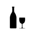 Wine bottle with glass cup. Icon of alcohol. Black silhouette of wineglass and bottle of champagne, bordeaux, cabernet, chardonnay