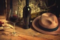 Wine bottle, glass, grape and hat