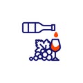 Wine bottle with glass and grapes line icon