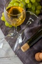 Wine bottle, glass, grapes on table. top view Royalty Free Stock Photo