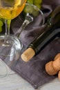 Wine bottle, glass, grapes on table. top view Royalty Free Stock Photo