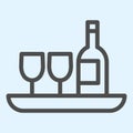 Wine bottle and glass line icon. Hotel drink, champagne and two glasses on a tray. Horeca vector design concept, outline Royalty Free Stock Photo