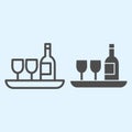 Wine bottle and glass line and solid icon. Hotel drink, champagne and two glasses on a tray. Horeca vector design Royalty Free Stock Photo