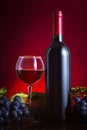 Wine. Bottle and glass of red wine with ripe grapes still life. Red wine. Royalty Free Stock Photo