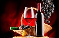 Wine. Bottle and glass of red wine with ripe grapes Royalty Free Stock Photo