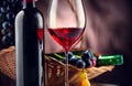 Wine. Bottle and glass of red wine with ripe grapes Royalty Free Stock Photo