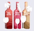 Wine bottle and glass set, vector illustration in paper art style. Grape red, pink, white wine. Royalty Free Stock Photo