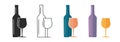 Wine bottle and glass shape silhouette icon vector simple graphic image set flat cartoon, wineglass black white line outline solid Royalty Free Stock Photo