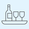 Wine bottle and glass thin line icon. Hotel drink, champagne and two glasses on a tray. Horeca vector design concept Royalty Free Stock Photo