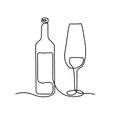 Wine bottle and glass vector illustration. One line drawing. Vector illustration continuous line drawing. Royalty Free Stock Photo