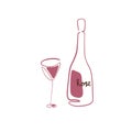 Wine bottle and glass, vector line art. Rose wine Royalty Free Stock Photo