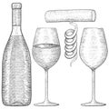 Wine bottle and glasses with corkscrew. Hand drawn sketch Royalty Free Stock Photo