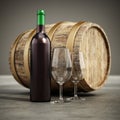 Wine bottle, glasses and old barrel. 3D illustration