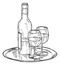 Wine Bottle and Glasses Vintage Woodcut Style Royalty Free Stock Photo