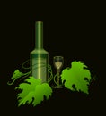 Wine bottle among grape leaves