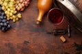 Wine bottle, grapes, glass of red wine and old barrel Royalty Free Stock Photo