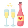 Wine bottle with heart label and two glasses of champagne with sparkling bubbles and yellow hearts