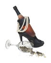 Wine Bottle in Heel Shoes with Pearls and Stars Royalty Free Stock Photo