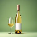 Wine bottle mockup with blank white label, bottle of white grape wine on green studio background, commercial wine label Royalty Free Stock Photo