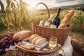 Wine bottle and picnic basket filled with wine, cheese, baguette on checkered plaid.