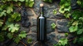 Wine bottle placed on a stone surface surrounded by grapes and vine leaves in a vineyard setting. Generative AI Royalty Free Stock Photo