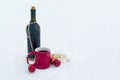 Wine bottle with red mug and ornaments on snow Royalty Free Stock Photo