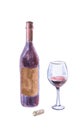 Wine bottle of red wine, wineglass and cork Royalty Free Stock Photo