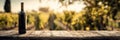Wine Bottle Rests on Rustic Wooden Table With Blurred Vineyard Backdrop in Warm, Inviting Light Royalty Free Stock Photo