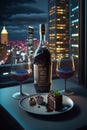 Wine Bottle, Two Glasses of Wine and Chocolate Cake on a Bistro Table in a Balcony of Skyscraper .AI generated Illustration Royalty Free Stock Photo