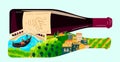 Wine bottle vector illustration, cartoon flat winery alcohol drink production concept of Italian vineyard landscape