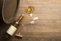 Wine bootle and glass on wooden table Royalty Free Stock Photo